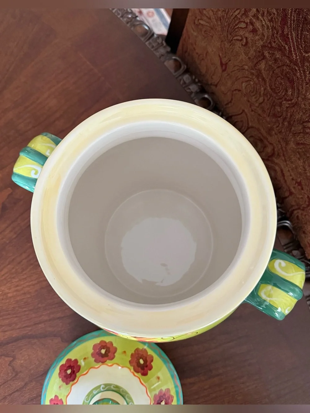 Pier 1 Hand-Painted Ceramic Cookie Jar Canister Lime Green Floral Lid w/Seal 12”